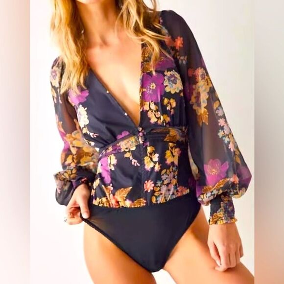 Free People | FP Intimately Wanderlust Bodysuit in Black floral Size L. NWT - Picture 1 of 16